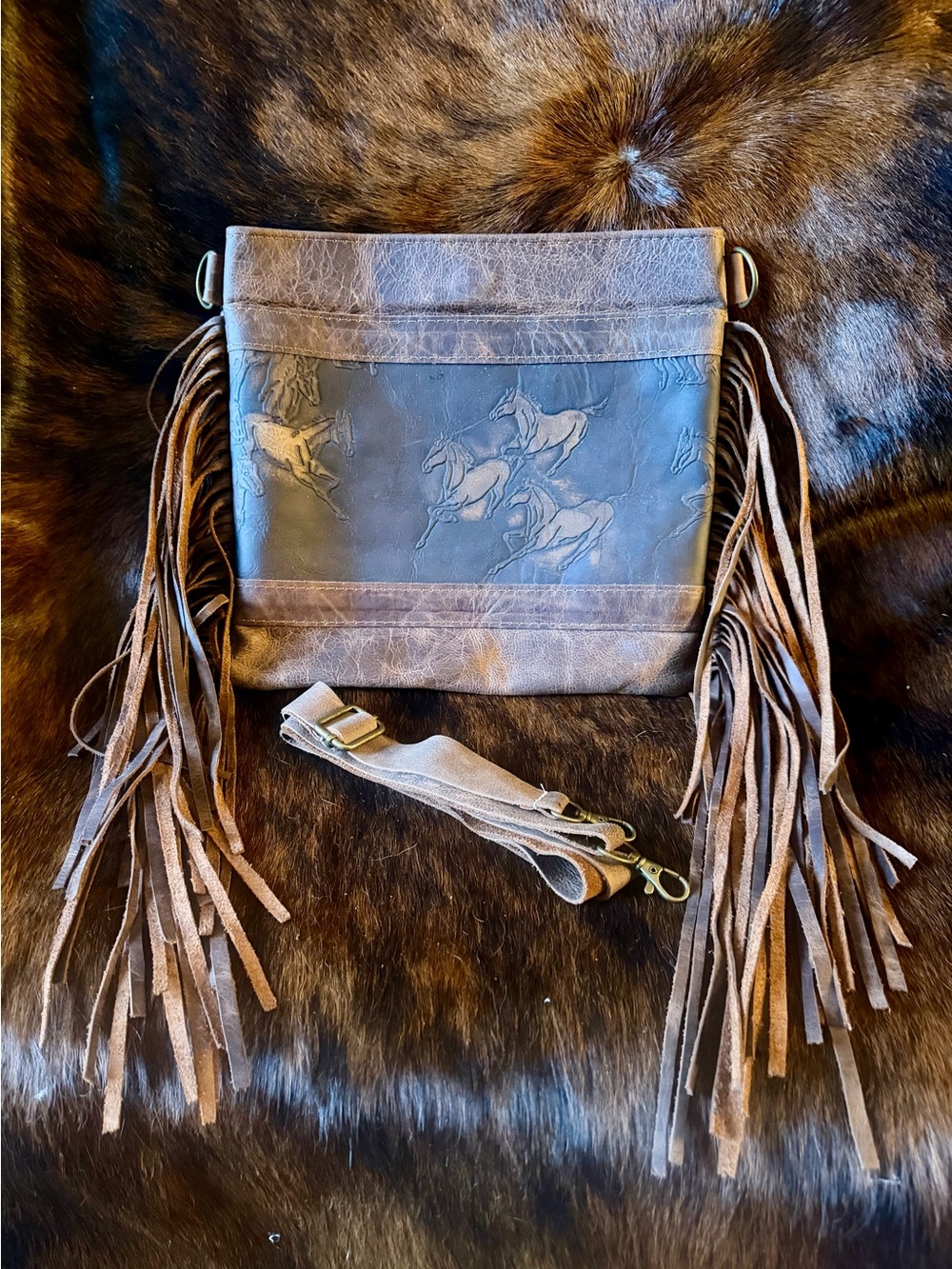 Fringe Leather Crossbody Bag in Distressed Brown and Running Mustangs